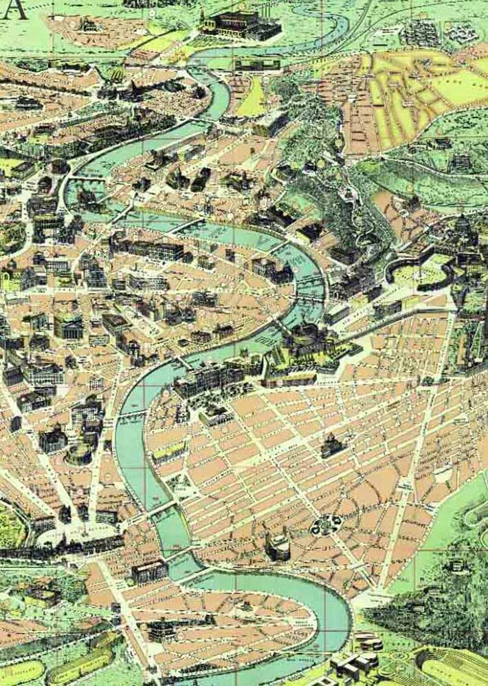 Rom Historische alte Stadtkarte 1878 Stadtplan farbig Italien M3 